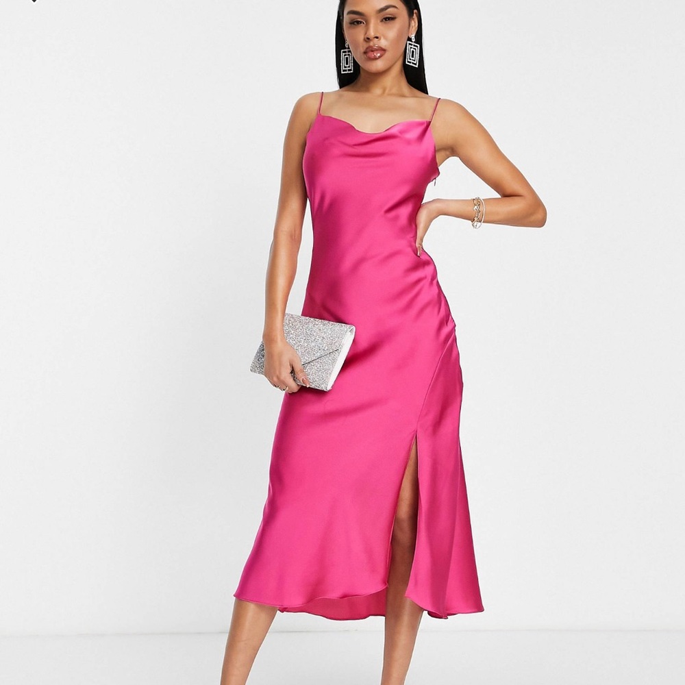 ASOS Cowl neck Midi Satin Dress, Fuschia US 8 UK 12